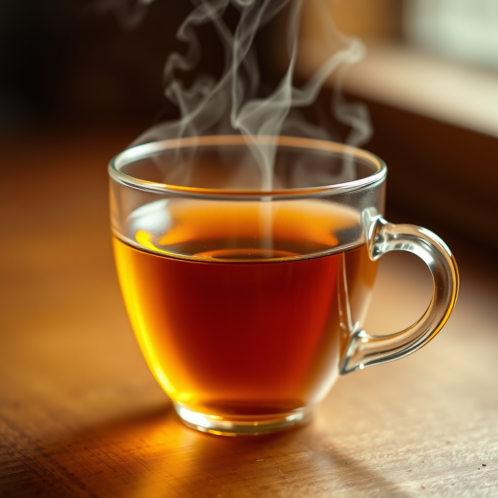 Steam rising from golden tea