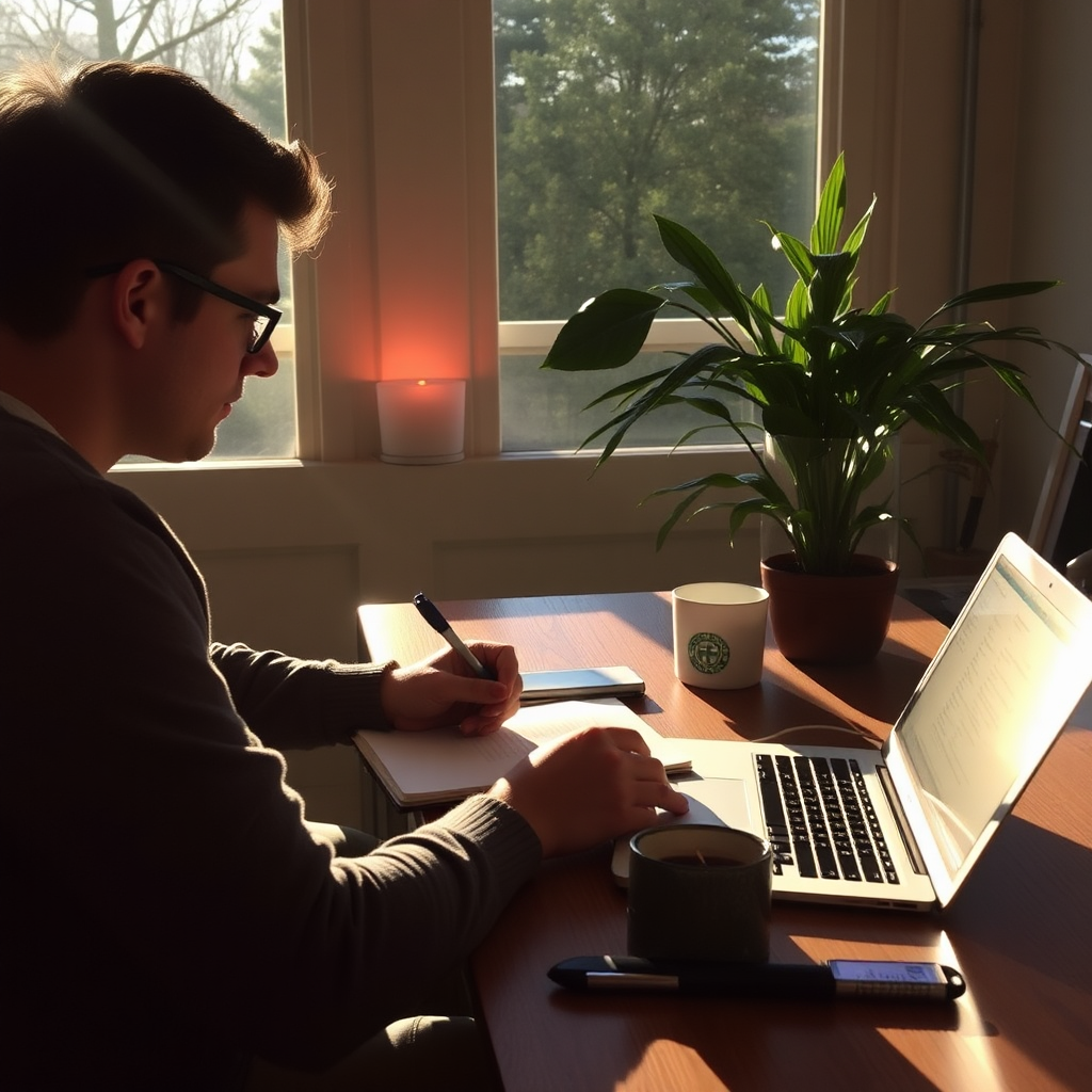 Sunrise productivity with mate and notebook