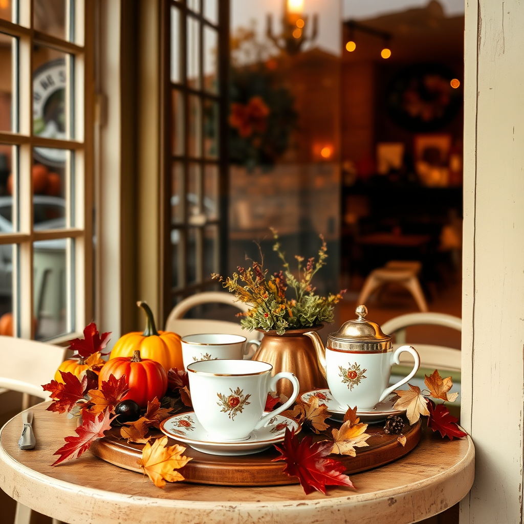 Warm cafe scene with tea cups and autumn decor