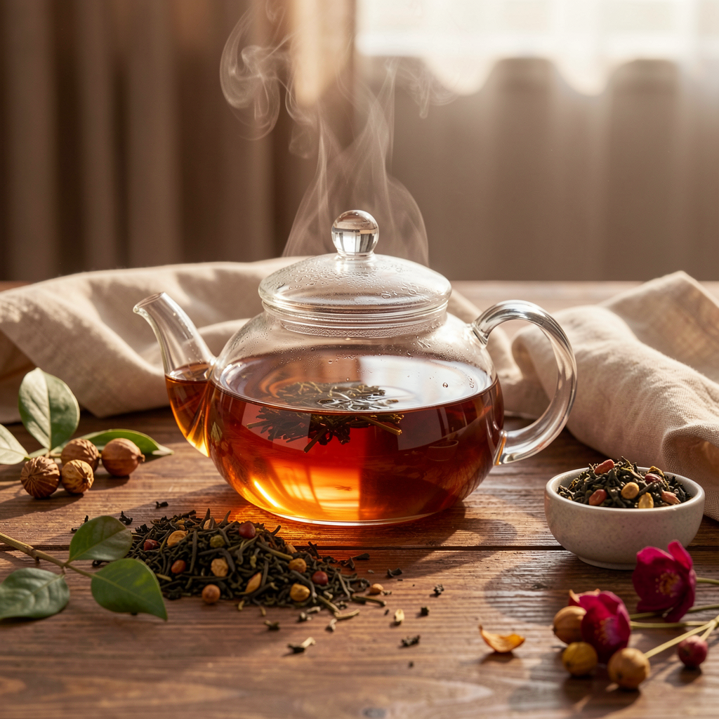 Editorial tea setup with glass teapot and botanicals