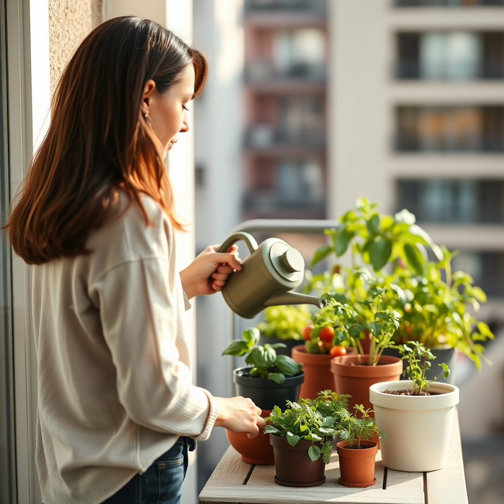 Small apartment balcony garden being watered