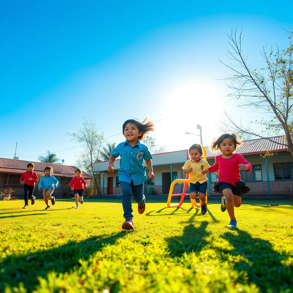 Outdoor play moment with children smiling and moving confidently