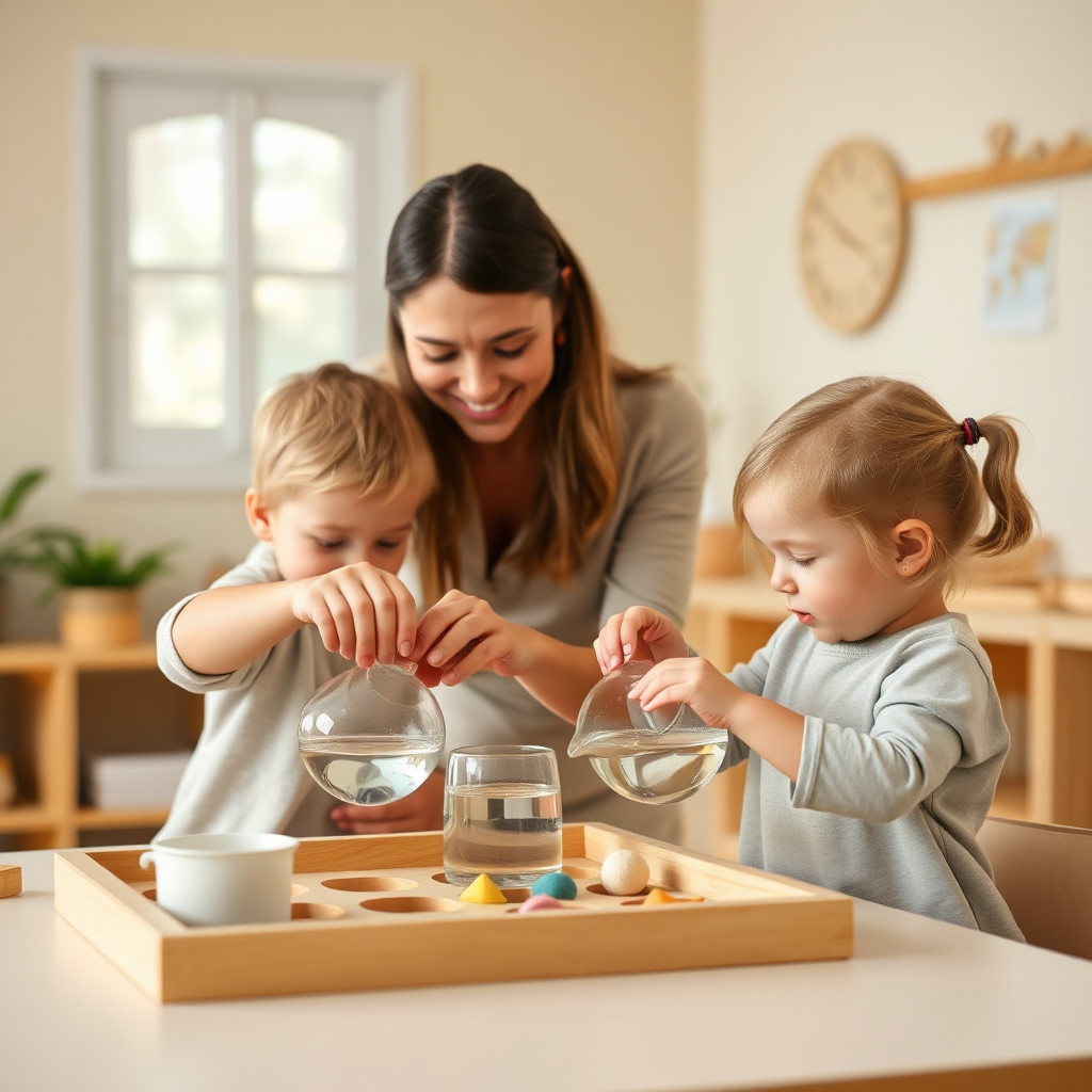 Children doing hands-on Montessori activity with teacher support