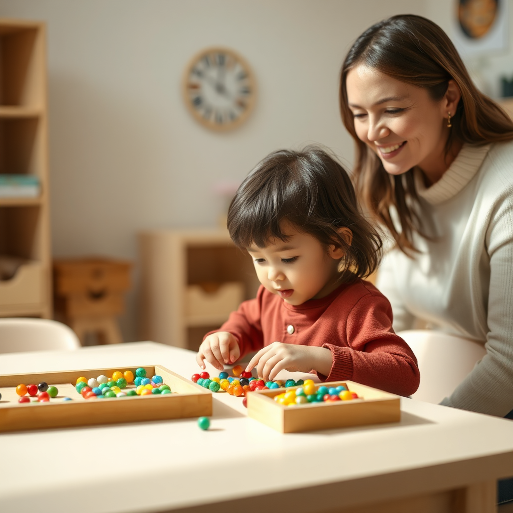 Children working with Montessori materials in a bright learning corner