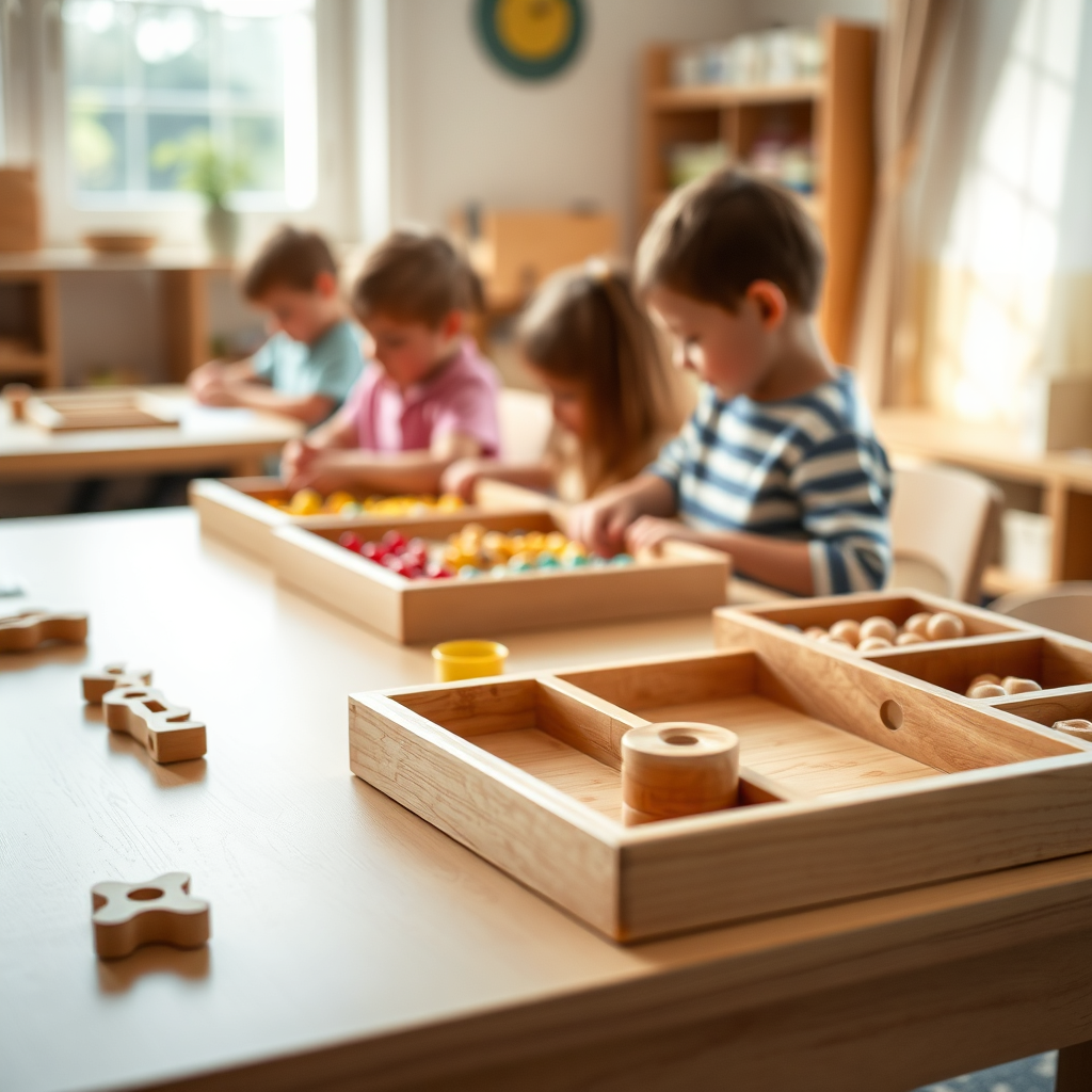 Montessori hands-on learning materials in a bright classroom