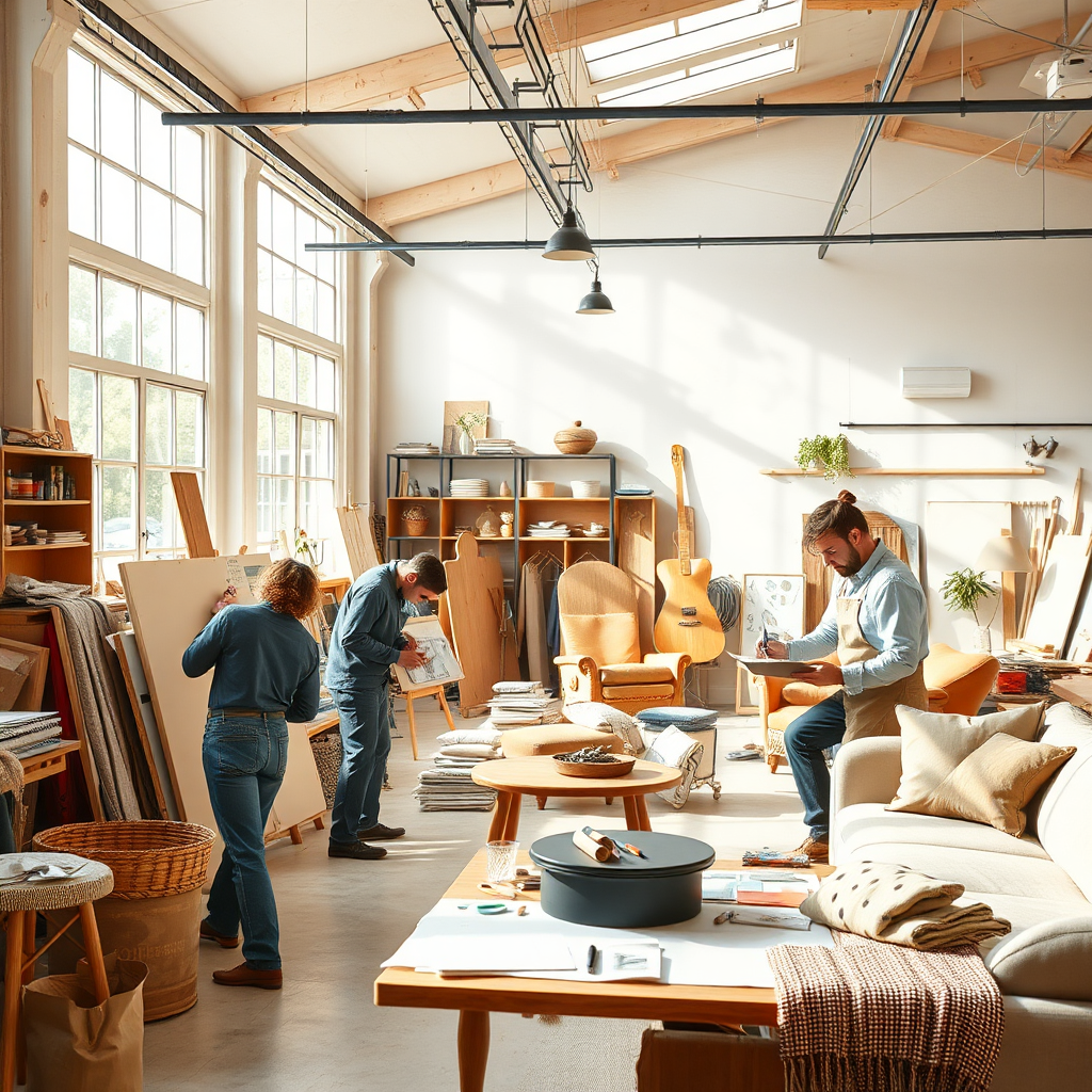 A 4K, high-quality image depicting a stylized workshop scene. The setting is bright and airy, filled with natural light. Focus on artisans working collaboratively on different aspects of furniture design and creation – sketching designs, carefully selecting fabrics, and assembling pieces. Include elements like design boards, fabric swatches, and hand tools to convey the craftsmanship and attention to detail. The color palette should be warm and inviting, with natural wood tones and pops of vibrant colors from the fabrics. The composition should emphasize teamwork and the creative process. Style reference: A blend of Scandinavian minimalism and modern industrial chic. The image should convey a sense of passion, dedication, and personalized service.