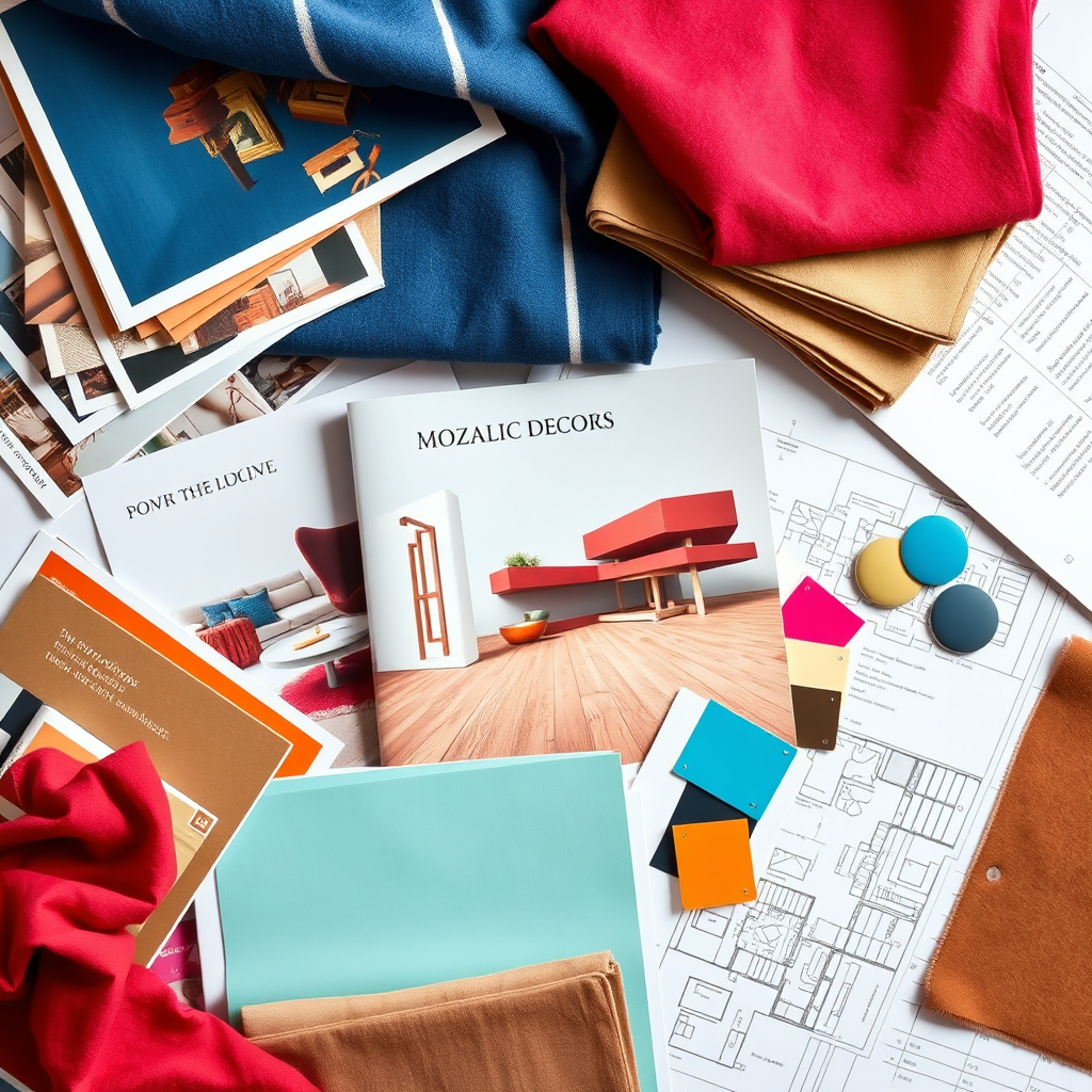 A creatively composed flat lay featuring a selection of interior design magazines, fabric samples, color swatches, and architectural plans. The arrangement should be visually appealing and inspiring, conveying a sense of creativity and possibility. The color palette should be vibrant and diverse, showcasing the wide range of styles and options available at Mozalic Decors. The lighting should be soft and diffused, creating a warm and inviting atmosphere. 4k resolution