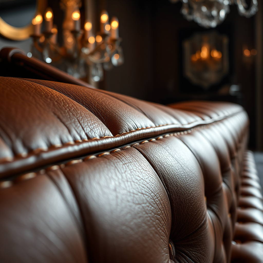 A photorealistic close-up shot showcasing the exquisite details of a luxury furniture piece. Focus on the textures, materials, and craftsmanship – the intricate stitching on a leather sofa, the smooth finish of a polished wood table, or the sparkle of a crystal chandelier. The lighting should be dramatic and highlighting the luxurious qualities of the piece. The composition should be tight and intimate, drawing the viewer in to appreciate the finer details. 4k resolution