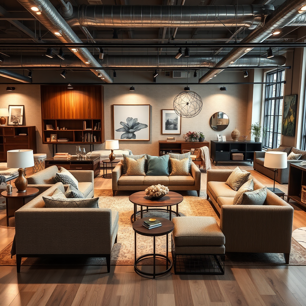 A photorealistic image showcasing a diverse selection of furniture pieces arranged in a stylish showroom setting. Include a variety of styles, from modern minimalist to classic traditional. Focus on the textures and materials – the grain of the wood, the weave of the fabrics, and the shine of the metal accents. The lighting should be warm and inviting, highlighting the unique characteristics of each piece. The composition should be balanced and visually appealing, showcasing the breadth and depth of Mozalic Decors' furniture collections. 4k resolution