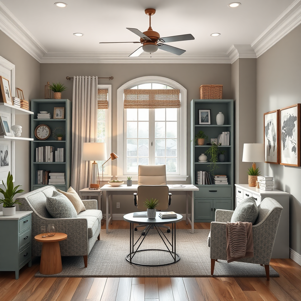 A photorealistic image showcasing a tastefully decorated and functional home office. The space should be well-lit, organized, and inspiring, with comfortable seating, ample storage, and stylish accessories. The color palette should be calming and conducive to productivity. The composition should be balanced and harmonious, conveying a sense of calm and focus. 4k resolution