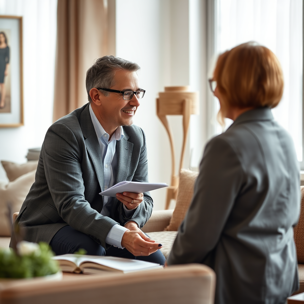 A shot showcasing an interior designer in a consulting session, carefully listening to client needs and desires. This session includes samples and a friendly, positive, respectful relationship. The composition should be warm and friendly, making the client feel at home. 4k resolution