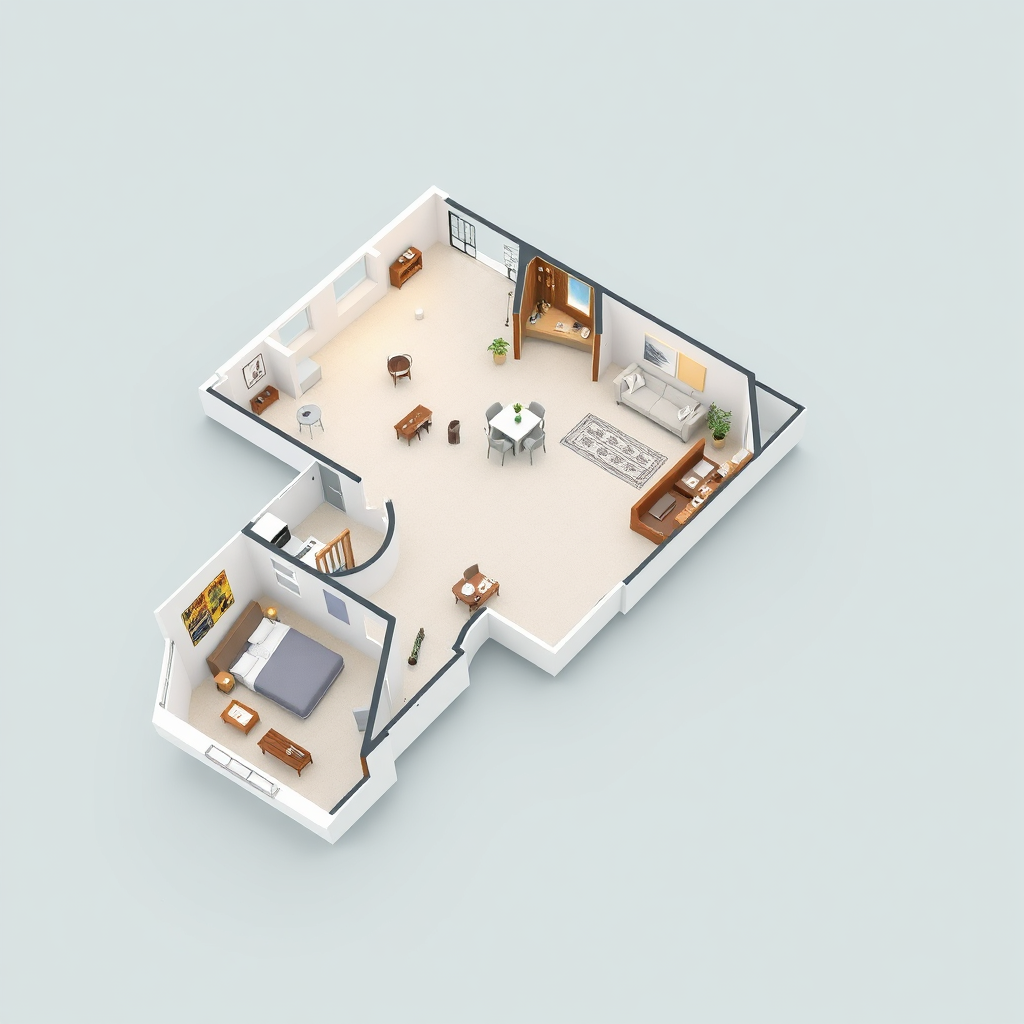 A stylized image depicting a 3D floor plan of a beautifully designed home, highlighting the optimized layout and flow of the space. The color palette should be clean and modern, conveying a sense of order and efficiency. The composition should be clear and easy to understand, showcasing Mozalic Decors' expertise in space planning. 4k resolution