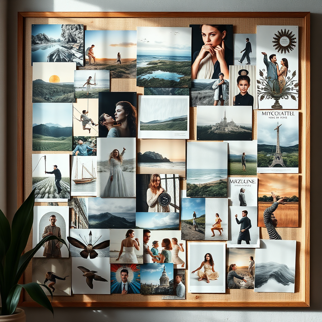 A stylized image depicting a mood board filled with inspiring images, textures, and colors. The mood board should be visually appealing and eclectic, showcasing a wide range of styles and influences. The lighting should be soft and diffused, creating a sense of creativity and possibility. The composition should be dynamic and engaging, inspiring viewers to imagine the possibilities for their own homes. 4k resolution