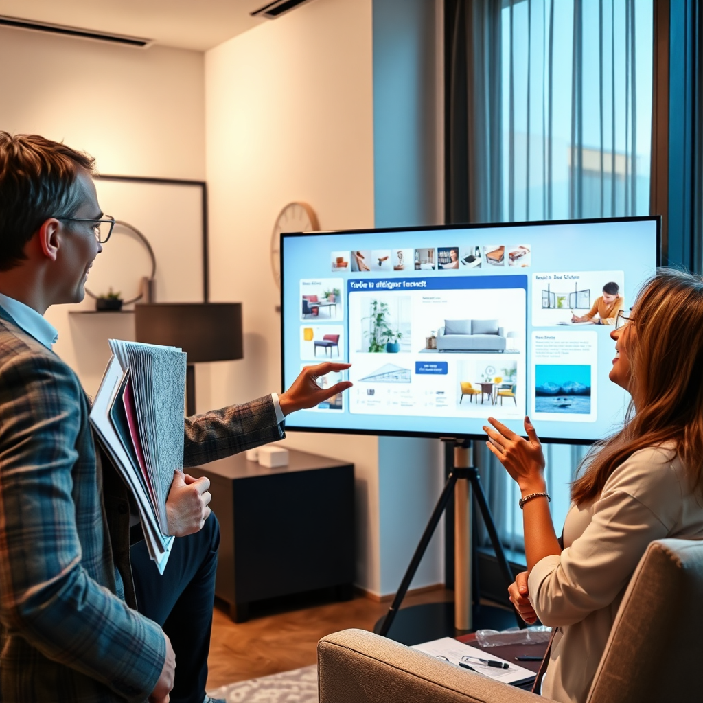 A visually stunning image depicting an interior designer presenting a design concept to a client in a stylish office setting. The designer is showcasing a digital presentation on a large screen, while the client looks on with excitement. Include elements like fabric swatches, color palettes, and architectural drawings to convey the personalized design process. The lighting should be professional and flattering, creating a sense of trust and collaboration. The composition should be dynamic and engaging, highlighting the human connection between the designer and the client. 4k resolution
