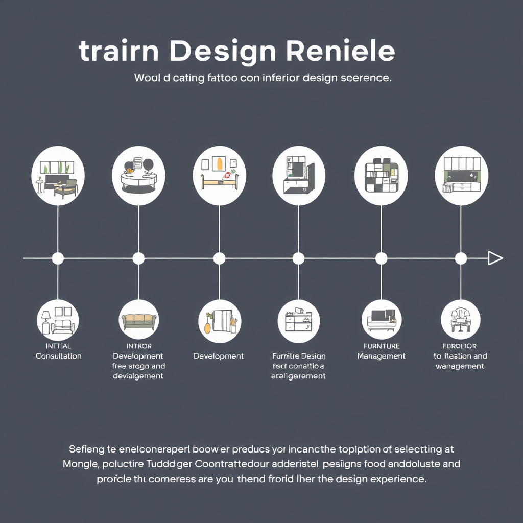 An image depicting a timeline illustrating the interior design process from initial consultation to final installation. Use icons and imagery to represent each stage of the process, such as concept development, furniture selection, and project management. The color palette should be clean and professional, conveying a sense of order and efficiency. The overall composition should be clear and easy to understand, highlighting Mozalic Decors' commitment to providing a seamless design experience. 4k resolution