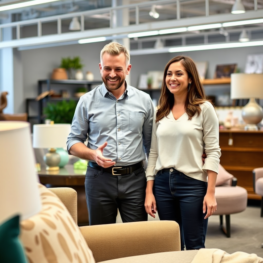 An image depicting an expert guiding client in a furniture shop and helping them pick out the best piece based on needs, wants, and budget. Focus on expert's friendly smile and open, helpful body language. The lighting should be inviting and cheerful, showcasing the best side of the items.