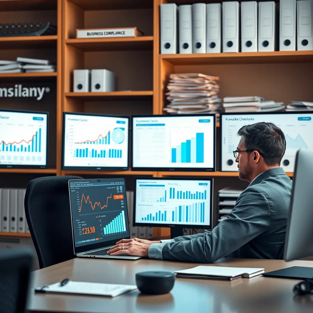 A business professional sitting at an office desk, using a laptop with multiple screens displaying charts and data reports. Behind them are shelves filled with documents labeled 'Business Compliance' and 'Fundability Checks.' The scene depicts serious professionalism and advanced software usage.