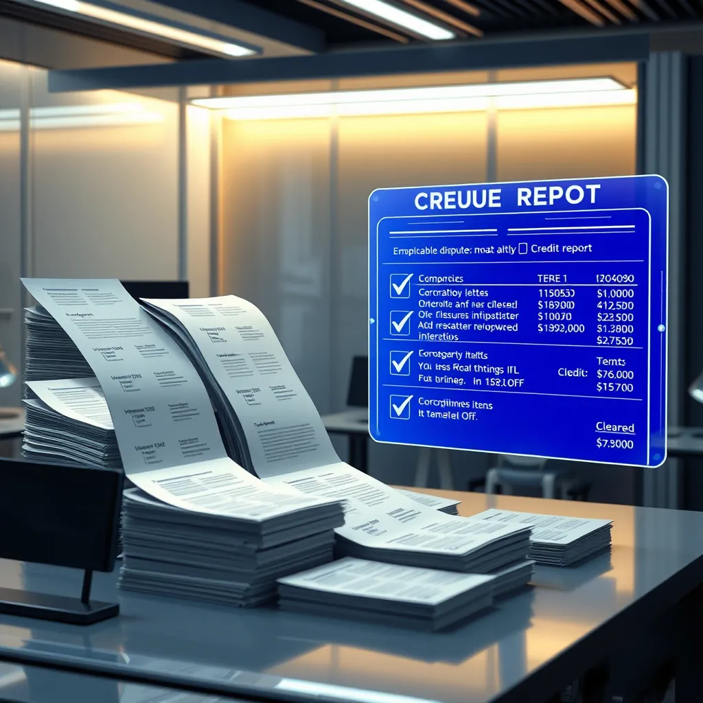 A futuristic, sleek office with a high-tech computer generating stacks of neatly printed dispute letters. Each letter has a checkmark, symbolizing approval and accuracy. There is a holographic credit report showing derogatory items being cleared off.