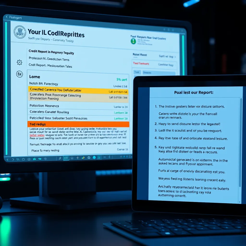 A futuristic software interface displays a credit report with highlighted derogatory items. Another window shows a list of automatically generated dispute letters with specific reasons, ready to be sent out, indicating hassle-free automation.