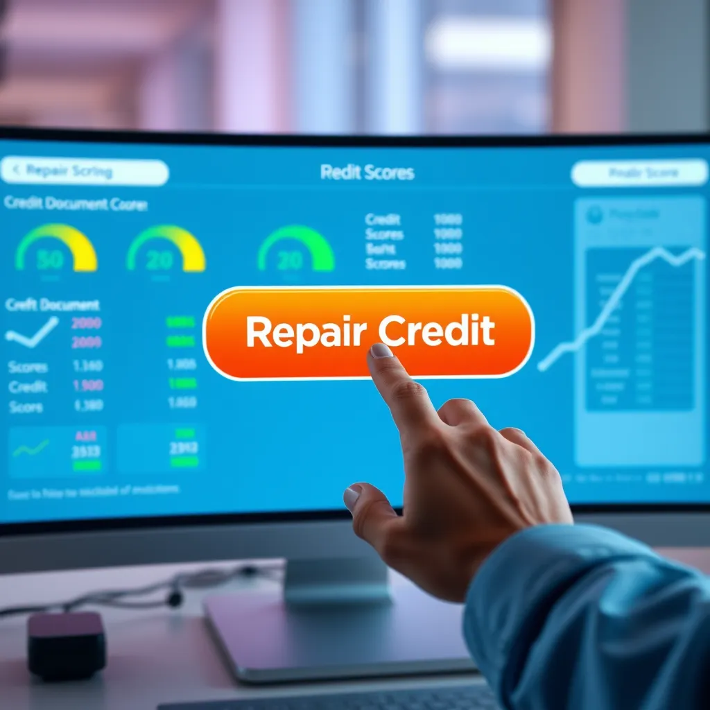 A modern, sleek computer interface with a single, prominent 'Repair Credit' button. The user clicks it with an expression of awe as the background shows credit scores and financial documents rapidly improving. The scene should convey simplicity and ease of use with bright, inviting colors.