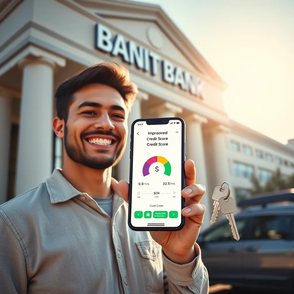 A person holding a smartphone displaying an improved credit score smiles in front of a modern bank building. The scene should include a sunny backdrop, symbols of financial freedom like house keys, and a car.
