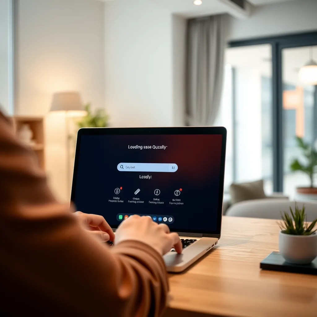 A person in a modern, well-lit room clicks a button on their laptop. The screen displays a streamlined interface loading quickly, showcasing ease of use with minimal steps and clear, user-friendly icons.