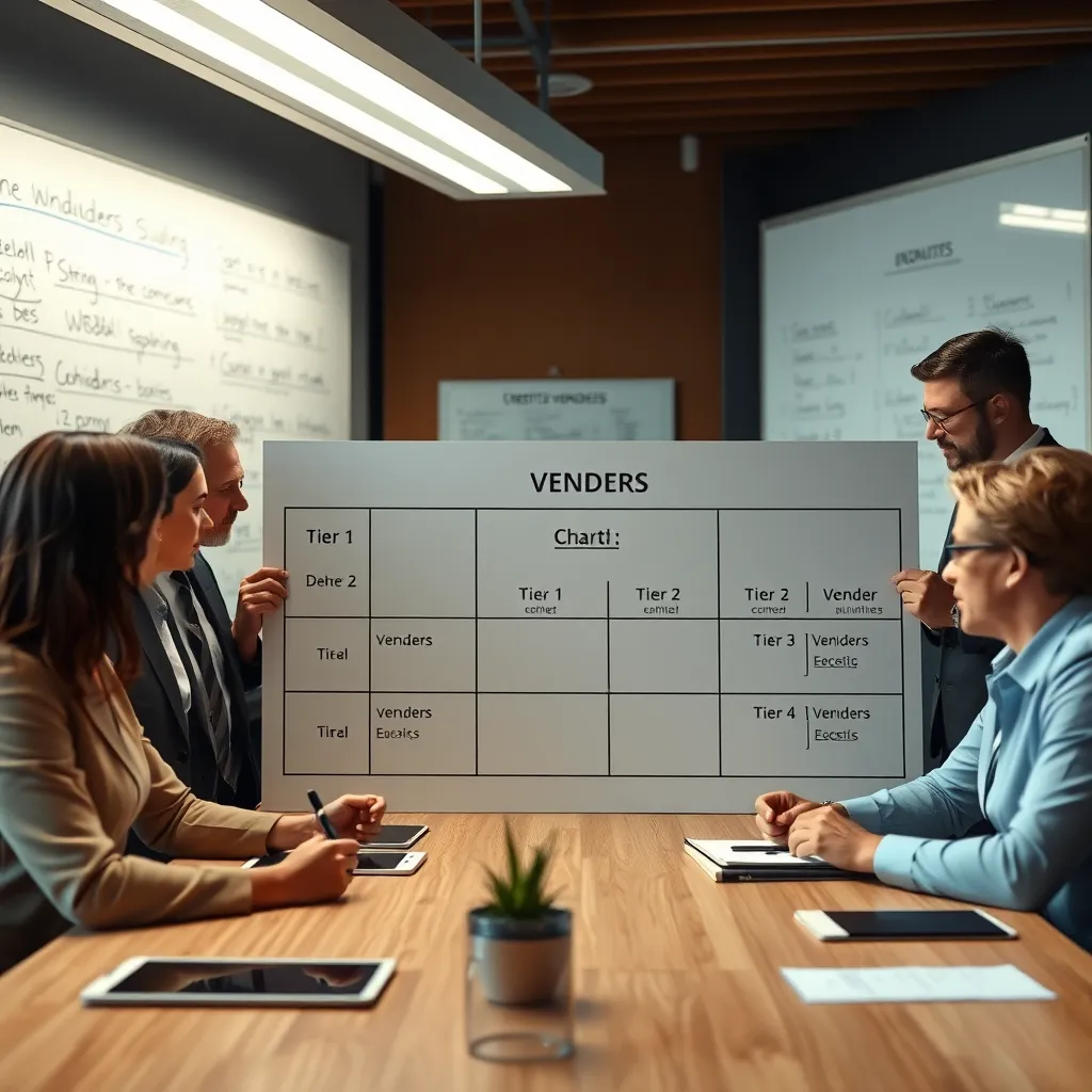 A team of business professionals gathered around a conference table, examining a large chart divided into Tier 1, Tier 2, and Tier 3 vendors. The backdrop features a modern office with whiteboards covered in strategic notes about credit building.