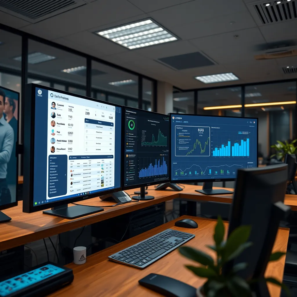 An office space with a sophisticated, multi-monitor setup displaying CRM software interfaces: a contact list, a lead tracking dashboard, and marketing campaign analytics. The environment exudes efficiency and seamless business management.