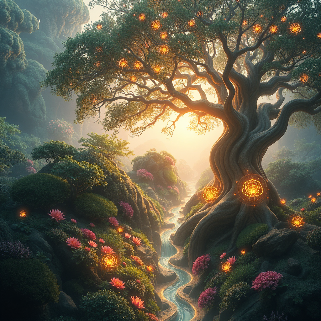 AI and Nature intertwined in a harmonious landscape