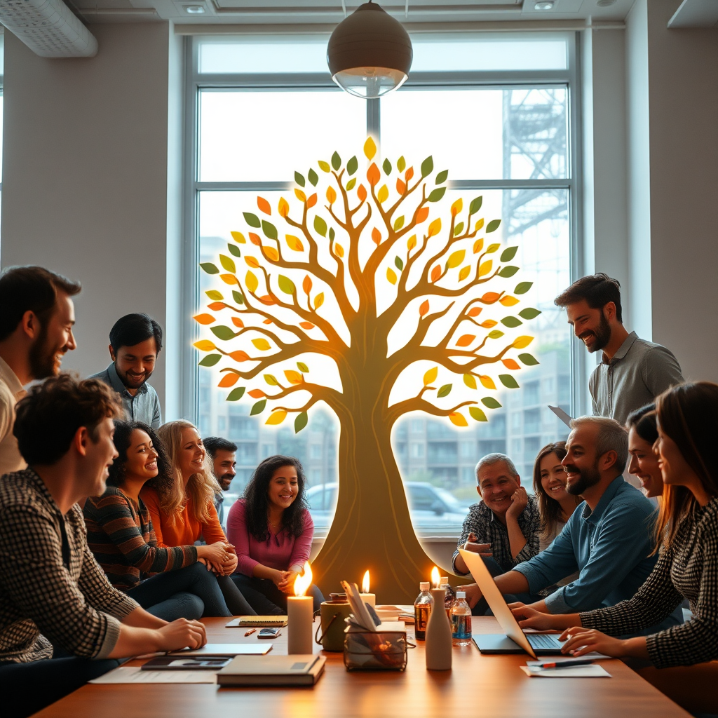 Team collaborating around a Tree of Life