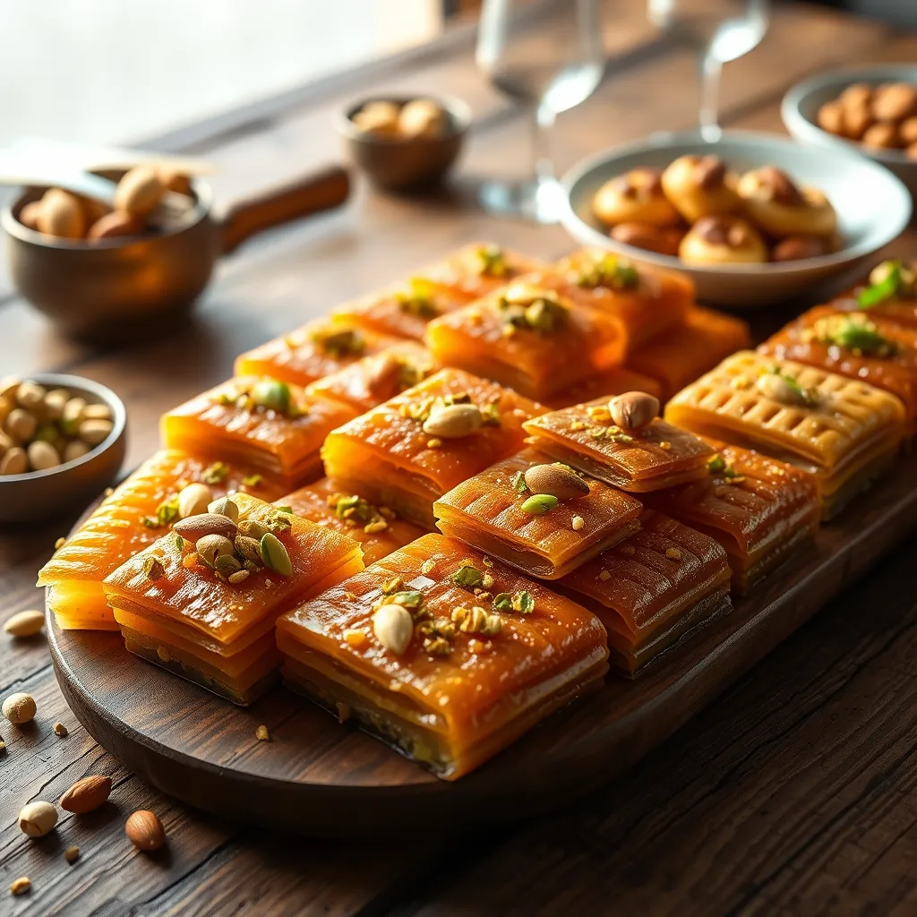 A beautifully arranged display of traditional Maghreb pastries, such as baklava, maamoul, and gazelle horns, beautifully garnished with pistachios and almonds. Soft diffused lighting highlights the golden tones of the pastries, creating a warm and inviting atmosphere. The background features a rustic wooden table, with simple elegant tableware, enhancing the traditional feel. The color palette includes rich golds, vibrant greens, and warm browns. The camera is positioned at a slight angle above the table, giving a bird's-eye view of the pastries while focusing on their intricate details and textures. The scene captures the delicate layers of the pastries and the textures of the nuts, emphasizing freshness and quality. The ambiance should feel cozy and welcoming, evoking a sense of nostalgia for traditional bakeries. Style references include the work of renowned food photographers. The image should be in 8K resolution, hyperrealistic, and ultra-detailed, showcasing each pastry's unique characteristics.