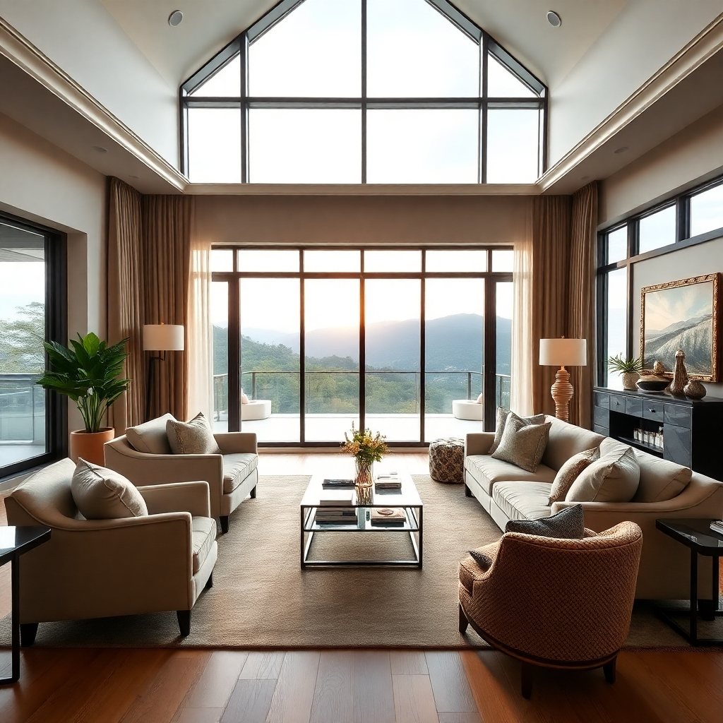 A beautifully decorated living room with elegant furnishings and a stunning view of the outdoors. The focus is on creating a sophisticated and comfortable living space. The lighting should be soft and inviting, highlighting the textures and colors of the room. Color palette: Neutral tones with pops of color, creating a calming and relaxing atmosphere. Camera angle: Wide shot, capturing the entire living room and the view. Style: Lifestyle, emphasizing the beauty and comfort of the space. Technical specs: 4K resolution, high quality.