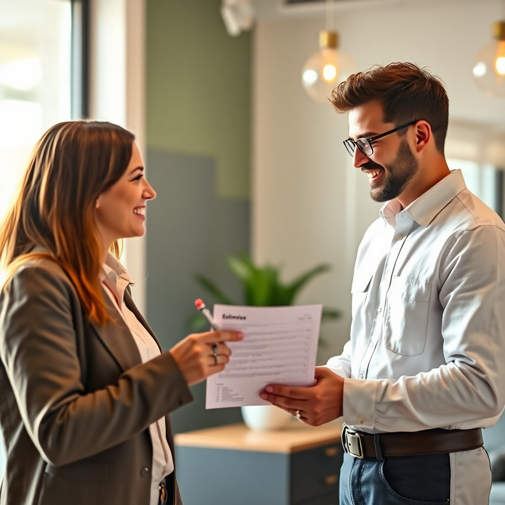 A bright and welcoming image depicting a friendly electrician handing a free estimate to a satisfied customer in a well-lit office setting. The electrician is smiling and explaining the details of the estimate, while the customer is listening attentively. The lighting is warm and inviting, creating a sense of trust and transparency. The color palette is soft and neutral, with accents of green and blue to represent professionalism and reliability. The camera angle is a medium shot, capturing the interaction between the electrician and the customer. Details include the estimate document, the electrician's pen, and the overall ambiance of a welcoming and professional office. Style references: Corporate photography, customer service. Technical specs: 4K resolution, realistic rendering with a focus on facial expressions and body language.