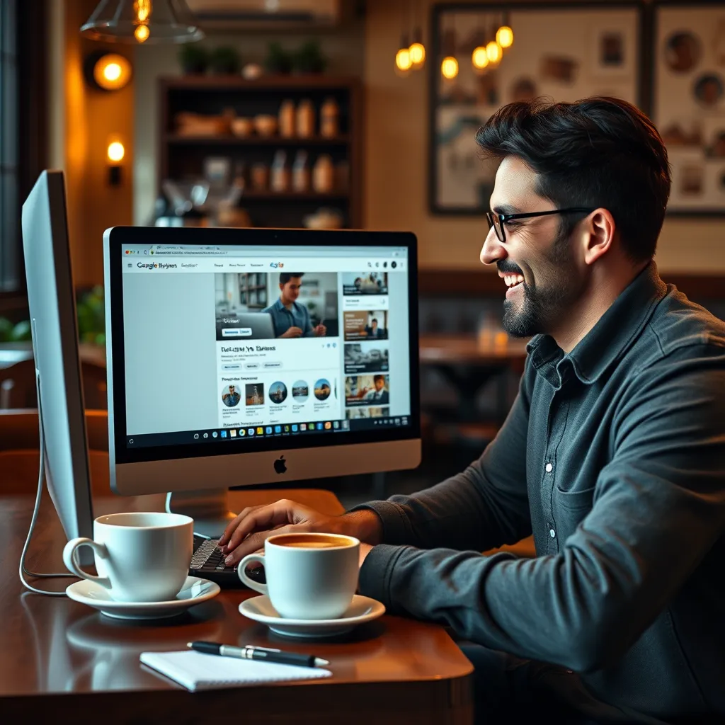 A business owner happily working on a computer in a cozy café, optimizing their website for local SEO. The screen displays a Google My Business account being updated, surrounded by coffee cups and notepads, symbolizing casual yet productive work.