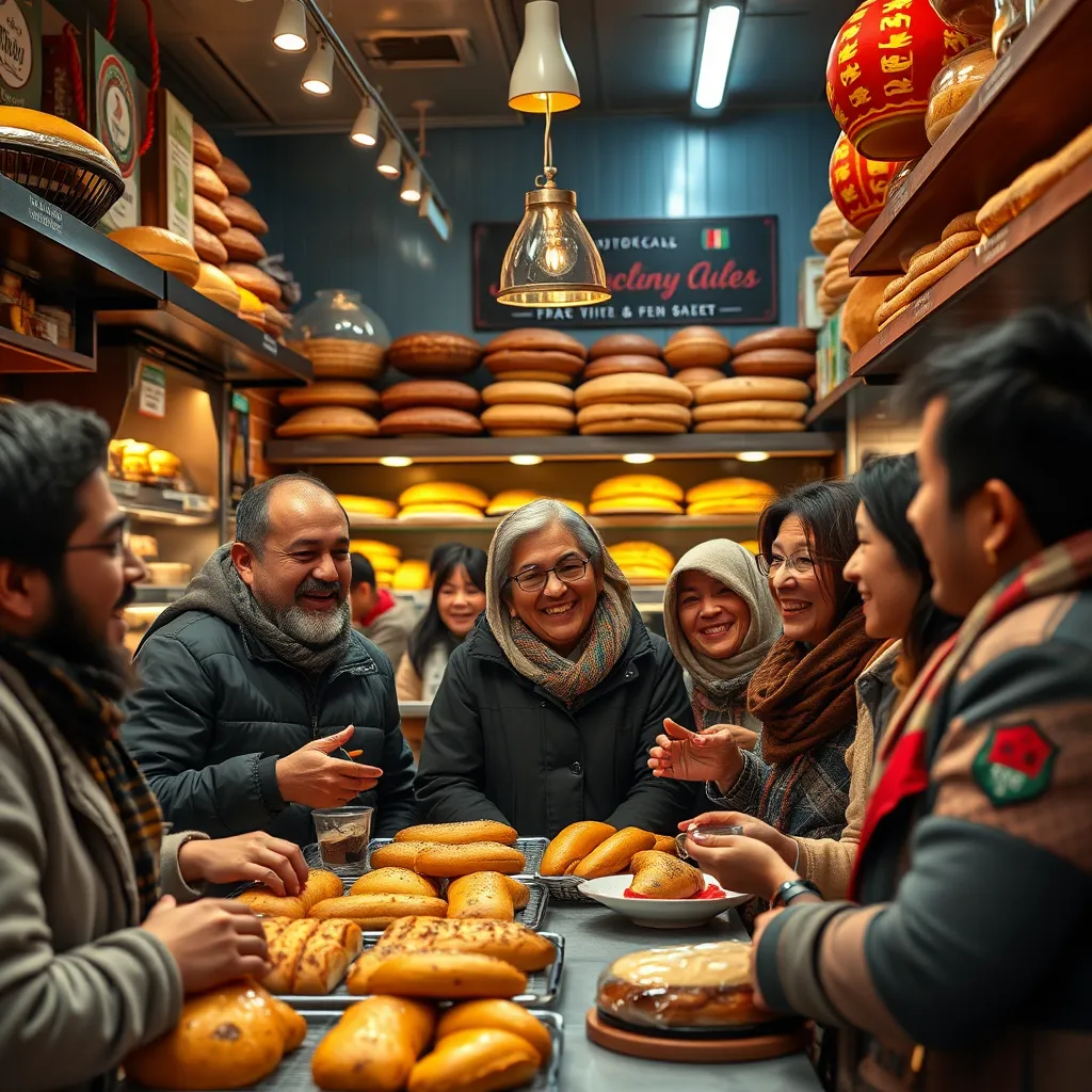 A bustling bakery in Montreal where a diverse group of people from different backgrounds are enjoying pastries and bread together. The scene includes immigrants, locals, and families sharing laughs and stories in front of a vibrant display of Moroccan and Algerian baked goods.