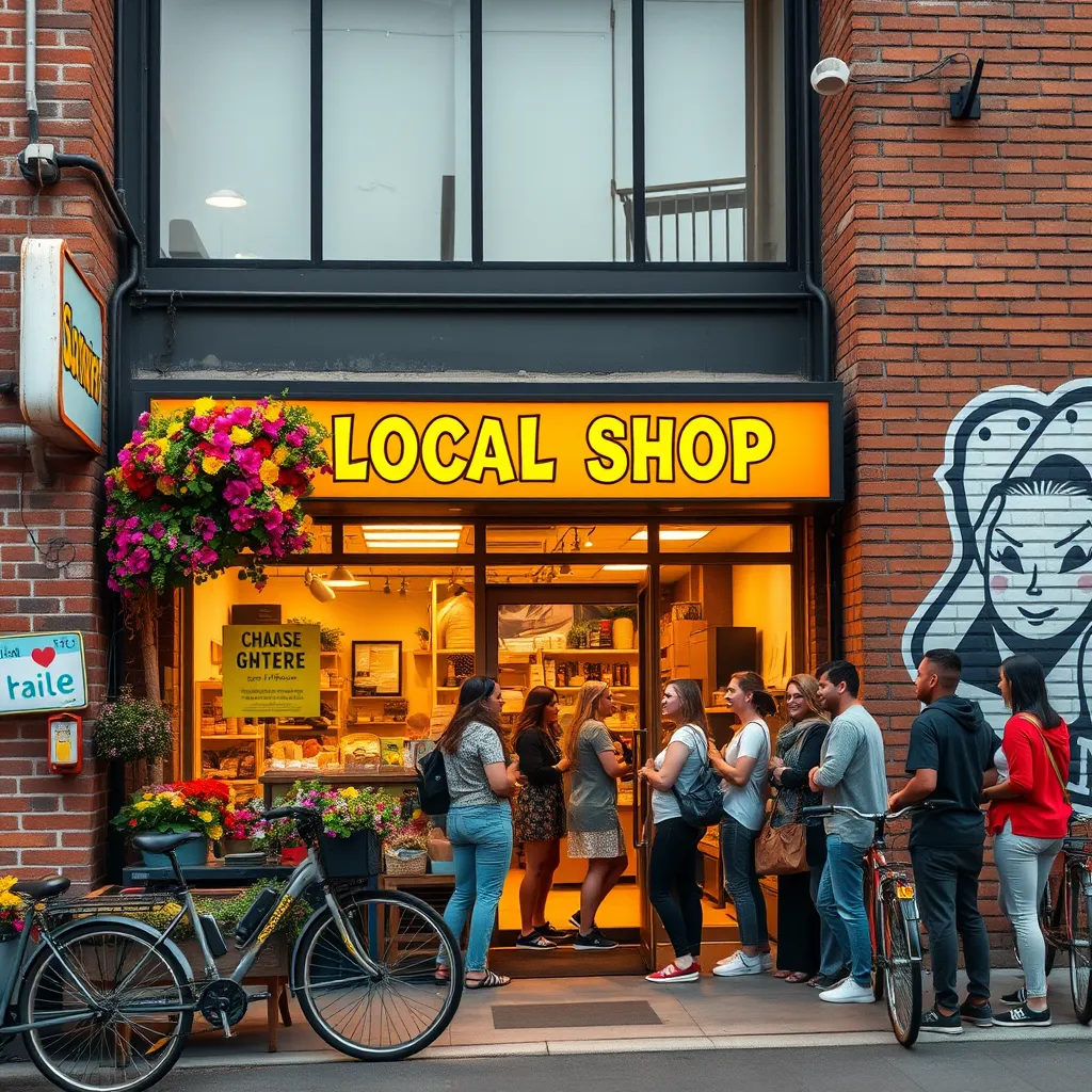 A bustling local shop, the storefront vibrant with flowers and colorful signage, showcasing an inviting atmosphere. The image captures a late afternoon with soft diffused lighting, highlighting the shop's details. A diverse group of smiling customers interacts around the entrance, conveying community engagement. The color palette features warm tones of yellow and orange, creating a friendly and welcoming mood. The camera angle is slightly elevated, giving a wide view of the shop and its surroundings. Textures include the smoothness of the glass storefront and the roughness of the brick wall beside it. There are bicycles parked near the entrance, and in the background, a mural that reflects the local culture adds depth. The style references a modern lifestyle photography, with a focus on warmth and authenticity. Specifications: 8K resolution, hyperrealistic, ultra-detailed.