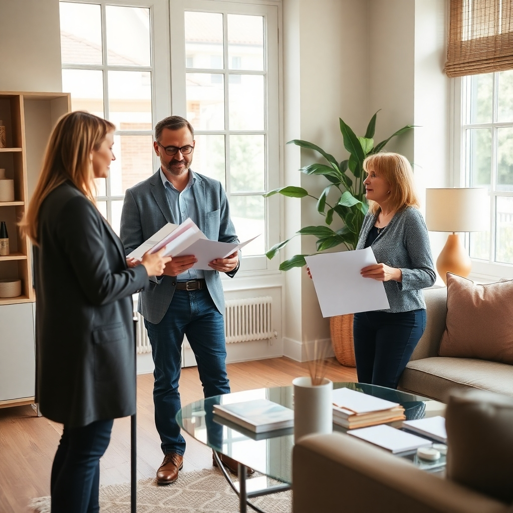 A client consultation taking place in a well-lit office. The architect/designer is presenting different material samples to a homeowner while discussing renovation plans. The scene conveys professionalism, trust, and collaboration. Color palette: Warm and inviting, with a focus on natural light. Camera angle: Medium shot, capturing the interaction between the client and the designer. Style: Photorealistic, with a focus on creating a welcoming atmosphere. Technical specs: 4K resolution, high quality.