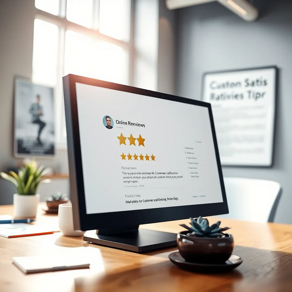 A close-up of a computer screen displaying an online review platform, with positive reviews and star ratings prominently visible. The scene is set in a modern office, illuminated by bright, natural light streaming in through a large window, creating a cheerful and productive atmosphere. The color palette combines soft blues and whites, conveying professionalism and clarity. The camera angle focuses directly on the screen, with the blurred background featuring a stylish desk setup with a succulent plant and notes scattered around. The texture of the desk is smooth wood, while the screen's glass is reflective, adding depth. In the background, a poster about customer satisfaction hangs, enhancing the relevance of the image. Style references include contemporary digital marketing imagery, emphasizing clarity and engagement. Specifications: 8K resolution, hyperrealistic, ultra-detailed.