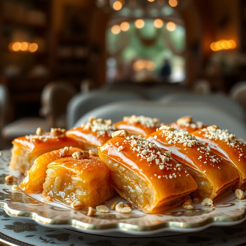 A close-up of an array of traditional Maghrebi pastries like baklava and cornes de gazelle beautifully arranged on a decorative plate. The pastries are glistening with honey and sprinkled with nuts, with a warm, inviting ambiance in the background.