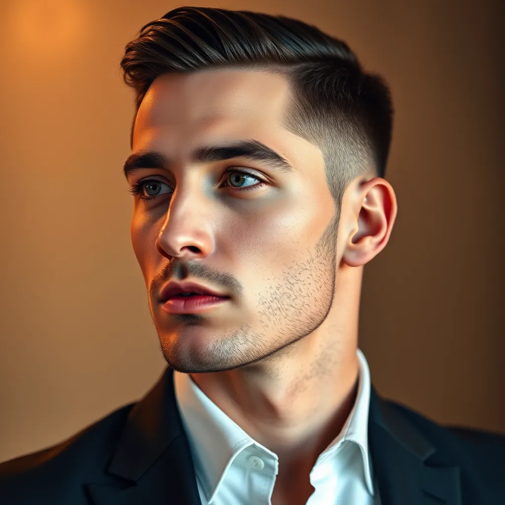 A close-up portrait of a handsome man with perfectly styled classic haircut. The lighting is soft and diffused, creating a warm and inviting atmosphere. The man is wearing a sharp tailored suit and a crisp white shirt. His hair is styled with a subtle side part and a touch of product to create a polished look. The background is a simple, elegant backdrop with a hint of texture, such as a brick wall or a wood panel. The image should have a high resolution and hyperrealistic detail, showcasing the intricate details of the haircut and the man's features. Render the scene in a classic, timeless aesthetic, reminiscent of a vintage barber shop.