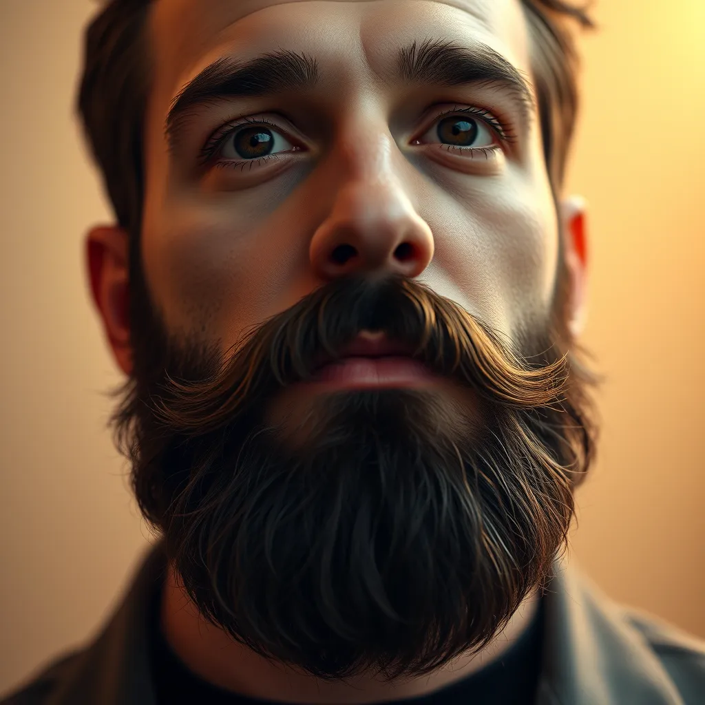 A close-up portrait of a man with a meticulously groomed beard and mustache. The lighting is soft and warm, creating a sense of comfort and sophistication. The man is wearing a simple, yet stylish outfit that complements his facial hair. His beard is trimmed to perfection, with sharp lines and a symmetrical shape. The background is a neutral, minimalist backdrop, allowing the focus to be on the detail of the beard and mustache. The image should have a high resolution and hyperrealistic detail, showcasing the intricate textures and patterns of the facial hair. Render the scene in a refined, elegant aesthetic, reminiscent of a high-end barbershop.