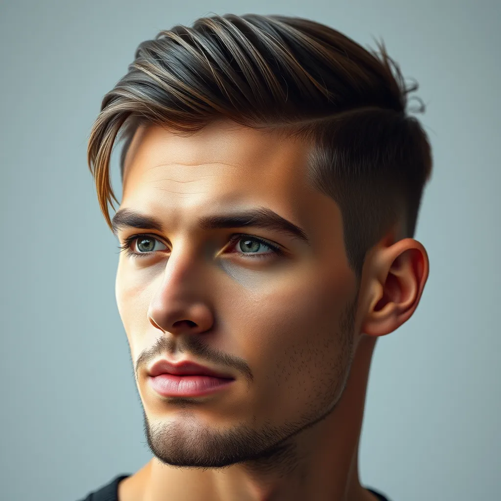 A close-up portrait of a man with a perfectly styled modern haircut that complements his face shape. The image should showcase a clean, sharp cut with defined lines and textures. The lighting should be natural and flattering, highlighting the details of the hairstyle.