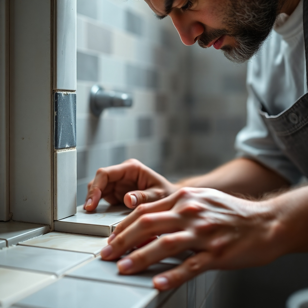 A close-up shot of a skilled craftsman's hands meticulously laying tiles in a bathroom. The focus is on the precision and expertise involved in the process. The lighting should be soft and diffused, highlighting the texture of the tiles. Color palette: Neutral tones with pops of color from the tiles. Camera angle: Close-up, emphasizing the detail and skill involved. Style: Photorealistic, focusing on the texture of the materials and the craftsman's focused expression. Technical specs: 4K resolution, high quality.