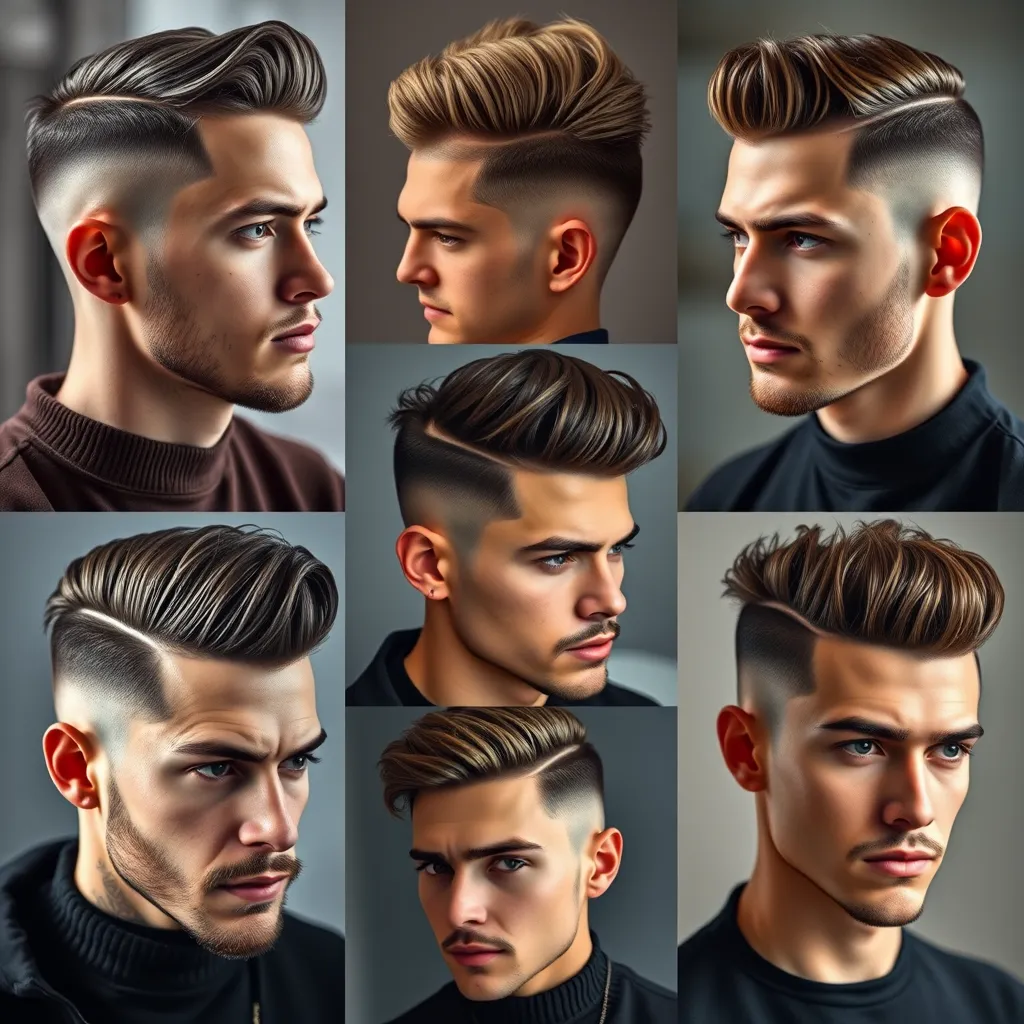 A collage of different modern men's hairstyles, showcasing a variety of lengths, textures, and styles. Include fades, undercuts, pompadours, quiffs, and textured cuts. The images should be vibrant and high-quality, capturing the personality and confidence of each style.
