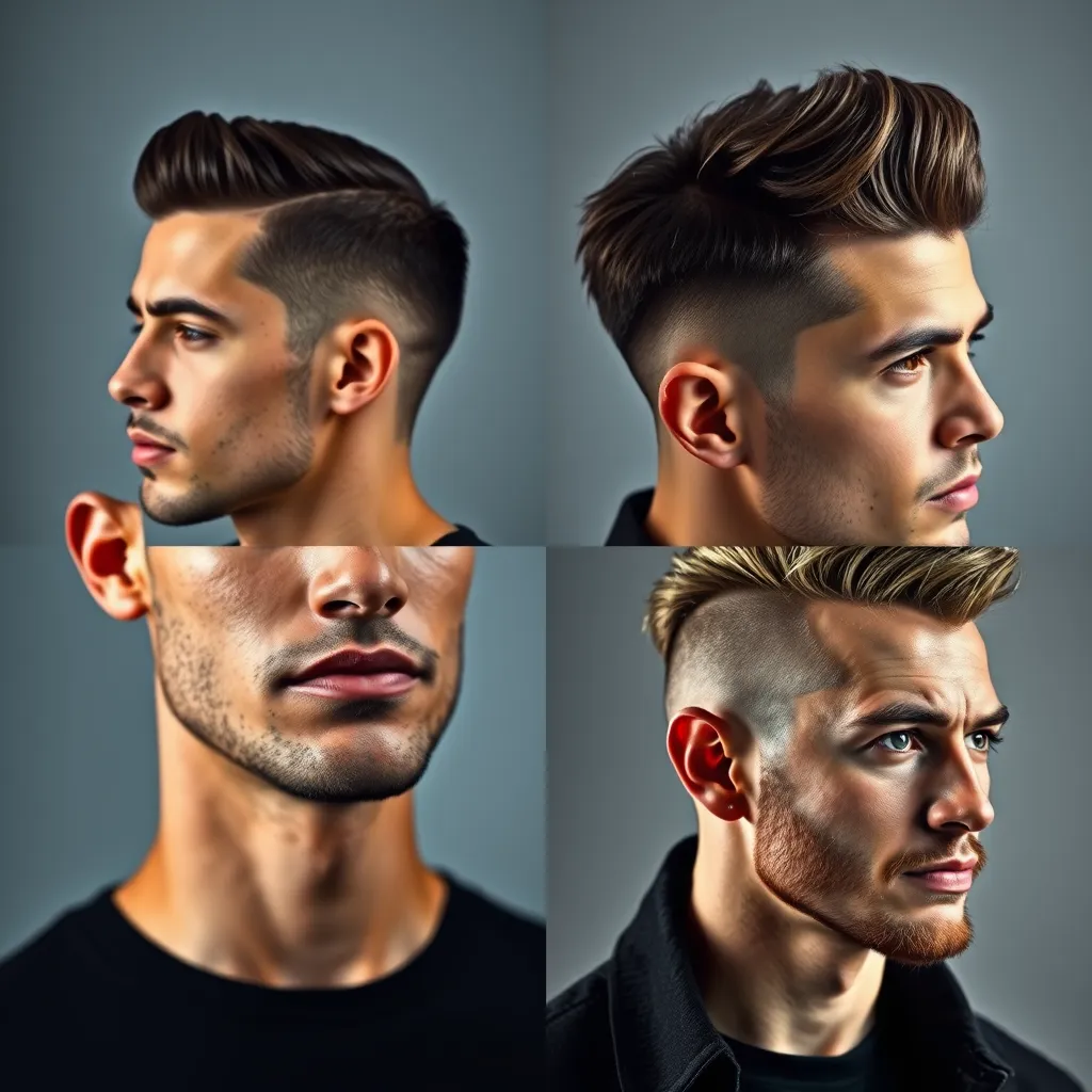 A collage of four modern men's hairstyles, each representing a different trend. These could include a slicked-back hairstyle, a textured crop, an undercut, and a fade with a side part. The men should be diverse in ethnicity and age, showcasing the inclusivity of these trends.