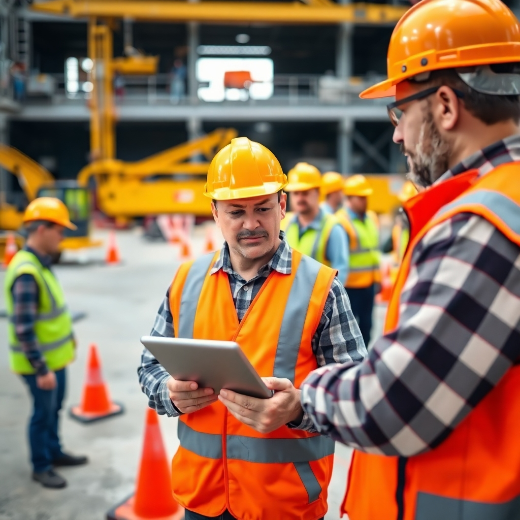 A construction site manager overseeing a team of construction workers. The manager is wearing a hard hat and is using a tablet to communicate and coordinate tasks. The construction site is busy with workers and equipment. The environment is during daytime. Color palette: The construction site includes vibrant yellow construction equipment, orange cones, grey concrete. The team of workers wears high-visibility clothing. Camera Angle: eye-level perspective to portray the energy and organization. Style reference is 'Construction Weekly', emphasizing a dynamic and efficient atmosphere. Resolution is 4k, ensuring all minor features are captured.