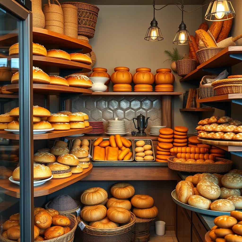 A cozy bakery setting showcasing traditional Maghreb bread and pastries. Include shelves filled with beautifully arranged Algerian pastries like makroud and cornes de gazelle. The interior should reflect warm, inviting colors and traditional North African decor.