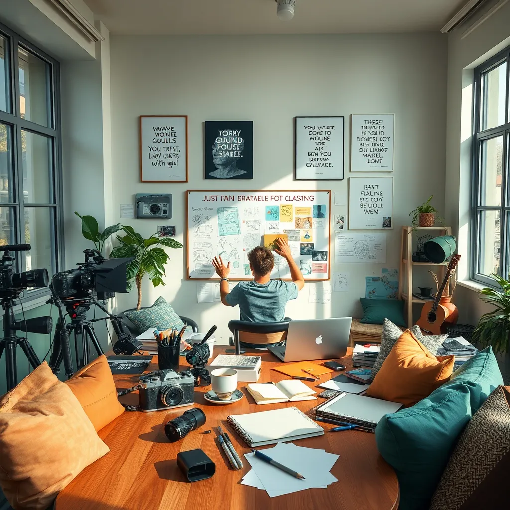 A creative workspace filled with content creation tools, such as cameras, laptops, and notebooks. The scene features an artist brainstorming in a bright, airy room with large windows, soft diffused lighting reflecting off the walls, creating a stimulating environment. The color palette contains vibrant greens and blues, fostering creativity and inspiration. The camera angle captures the entire workspace, with the artist in action, gesturing towards a story board filled with colorful sketches. Textures include the softness of cushions and the roughness of wooden surfaces. On the wall, inspirational quotes are artfully arranged as posters, adding character. Relevant props such as a coffee cup and art supplies are scattered across the desk, enhancing the creative chaos. Style references include modern lifestyle photography, highlighting creativity and process. Specifications: 8K resolution, hyperrealistic, ultra-detailed.