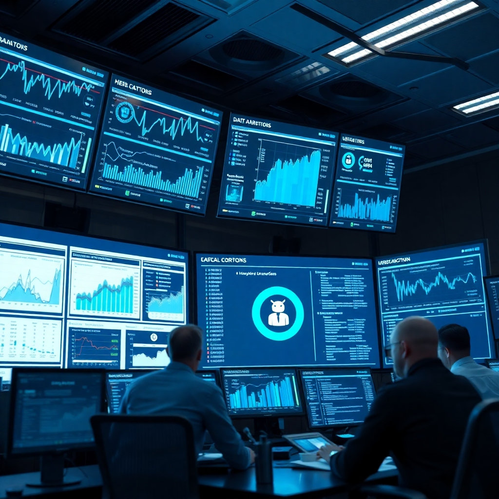 A data analytics room filled with screens displaying graphs and customer interaction data collected by chatbots. Diverse professionals are analyzing the data, and a chatbot icon is visible on a screen, symbolizing data collection and analysis.