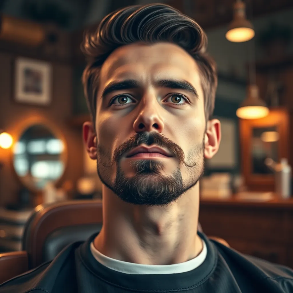A detailed, high-resolution image of a man with a well-groomed beard and mustache, sitting in a barber chair. The man should have a clean-shaven face, with a neatly trimmed beard and mustache that complements his facial features. The lighting should be warm and inviting, illuminating the man's face and highlighting the details of his beard and mustache. The barber shop should have a classic, masculine design, with leather accents and antique barber tools on display. The background should be blurred, creating a sense of focus on the man's facial hair. The image should be captured from a close-up perspective, emphasizing the texture and detail of the beard and mustache. The overall mood should be relaxed and confident, reflecting the quality and artistry of the barber's services.